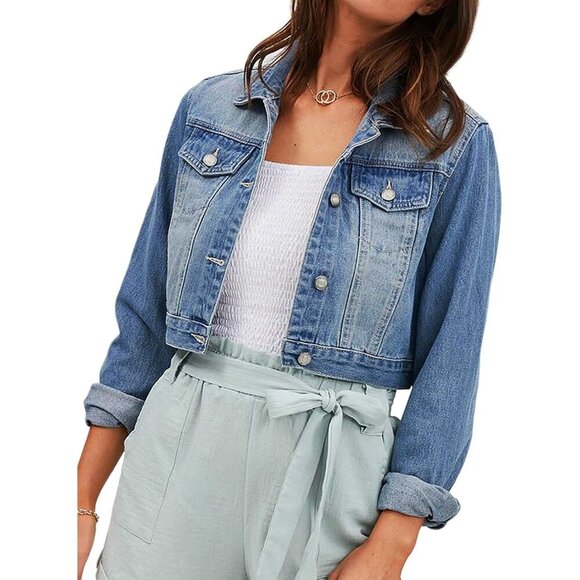 Brand New Women's Acid Blue Washed Cotton Fitted Cropped Denim Jacket Casual - Picture 7 of 7